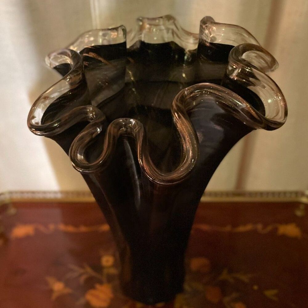 VTG Murano Style Italian Art Glass Vase - Large 16" Hand Blown Ruffled Top Swirl
